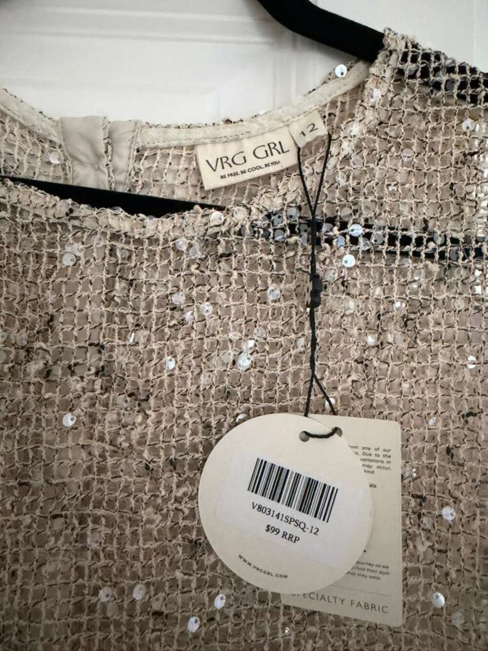 NWT VRG GRL Sequin Mesh Top Women 12 Beige Sheer Oversized Short Sleeve Party - Picture 3 of 3